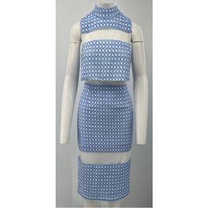 Echtego Blue/White Knit+Mesh Contrast Halter-Neck Midi Dress sz S